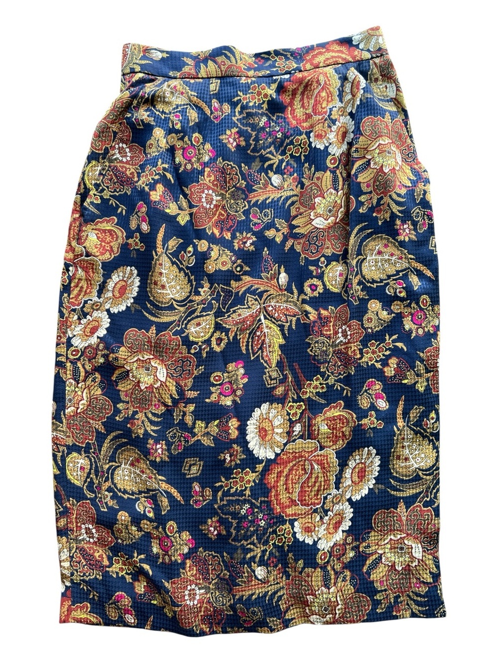 Vintage Anne Klein II Size 2P Blue Floral Paisley 100% Silk Midi Skirt